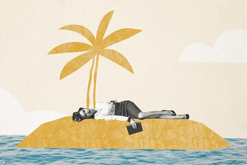 Composite photo collage of tired businesswoman lay island sand beach vacation ocean palm tree summer relax isolated on painted background