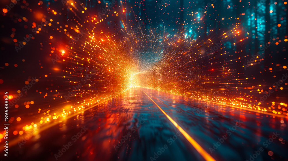 Poster futuristic data stream highway with dynamic light particles, concept of speed and technology connect