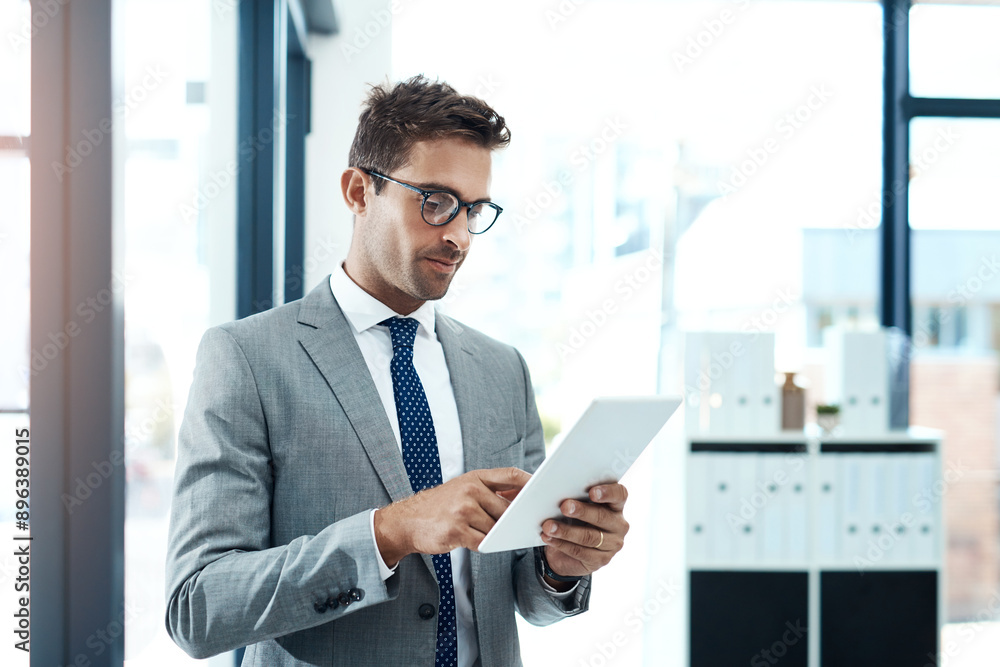 Poster thinking, businessman and online with tablet in office for networking, risk assessment and audit pre