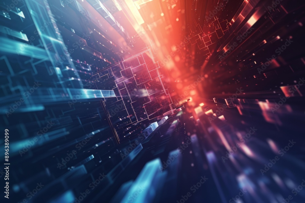 Poster abstract technology background with a dynamic red and blue light in a cyberspace tunnel