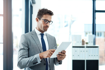 Thinking, businessman and online with tablet in office for networking, risk assessment and audit...