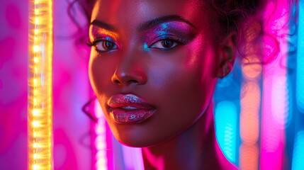 High fashion model with glowing neon makeup and metallic silver lips in colorful studio lights, trendy futuristic beauty photo shoot concept