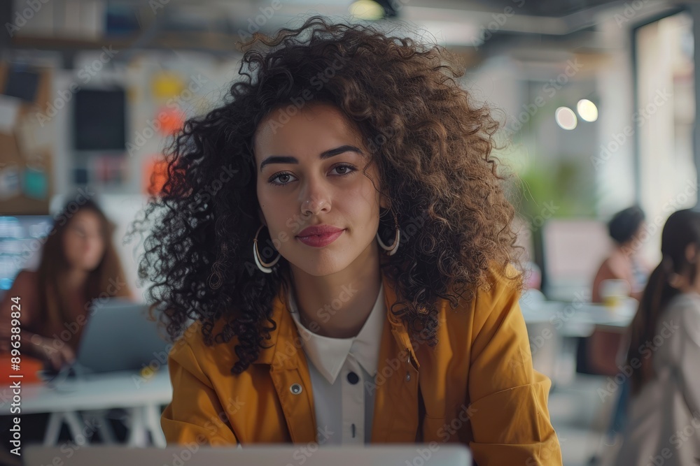 Wall mural beautiful middle eastern manager sitting at a desk in creative office. young stylish female with cur