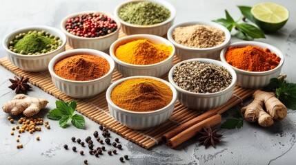 An image of various spices and herbs in small white bowls placed on top of a bamboo mat.