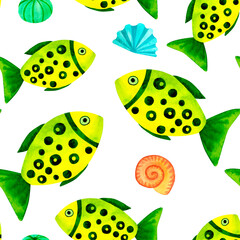Yellow and green sea fish. Marine underwater seamless pattern, watercolor art in ocean kids style, for decorating children room, package, scrapbook, school, nursery, invitation, print, postcard