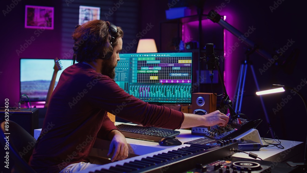 Poster Music producer engages in post production with editing and time aligning recorded songs. Musician using digital audio workstations to manipulate tunes, adding audio effects. Camera B.