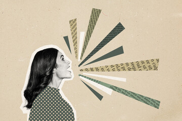 Composite photo collage of excited girl speech text lines communication wonder concept phrase...