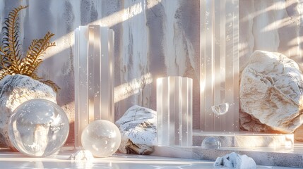 3D Transparent stones, balls, faceted columns, interior, room design. Graphic Resources