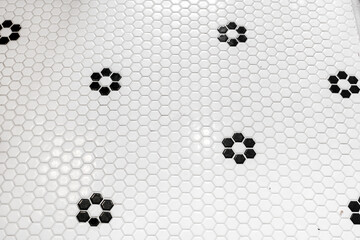 White Bathroom Floor With Black Floral Hexagonal Tiles Forming A Pattern