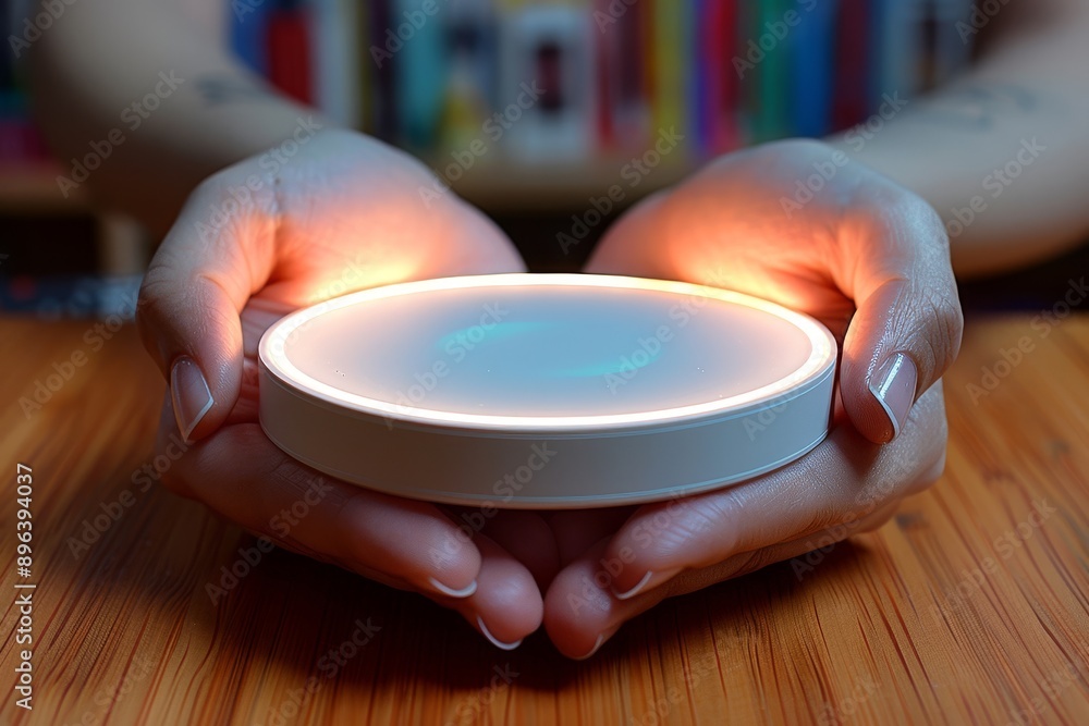 Poster Hands holding a glowing smart device, symbolizing modern technology and connectivity, perfect for home automation and smart home integration, blending convenience with sleek design