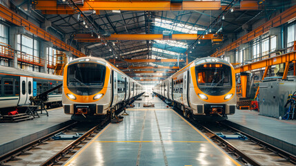 Fototapeta premium Modern Train Depot. A modern train depot with trains undergoing maintenance, illustrating the efficiency and technology involved in contemporary railway operations.