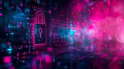 Fototapeta premium Password Security and Encryption Visualization. A digital representation of a padlock with vibrant colors, symbolizing strong password security and encryption in a virtual environment.
