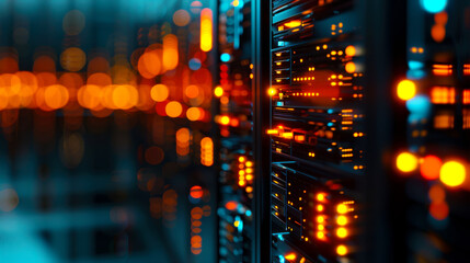 Secure Cloud Storage Technology. A view of servers in a data center, illuminated by blue and orange lights, representing secure cloud storage and advanced data management technology.