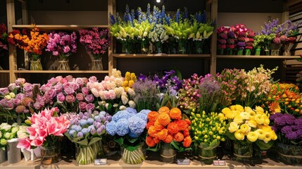 Variety of colors offered at flower shop counter