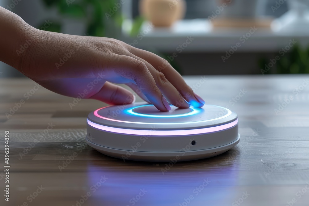 Aufkleber Modern smart device with glowing blue lights, representing advanced home technology and connectivity, ideal for home automation and energy-efficient control in a sleek design