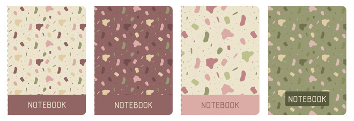 A set of templates for cover pages. Geometric abstract layouts with speckles and dots in vintage tones. Stone pattern for notebooks or books. For scrapbook and planners.