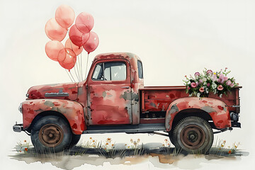 truck with hearts watercolor illustration
