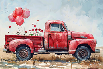 truck with hearts watercolor illustration