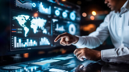 Cybersecurity professional at work, surrounded by high-tech digital interfaces, analyzing data to ensure network protection and information security.