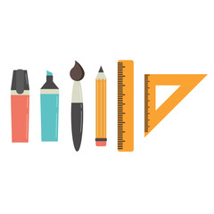 Set of stationery supplies for school and office. Drawing items and tools in simple shapes. Back to school illustration