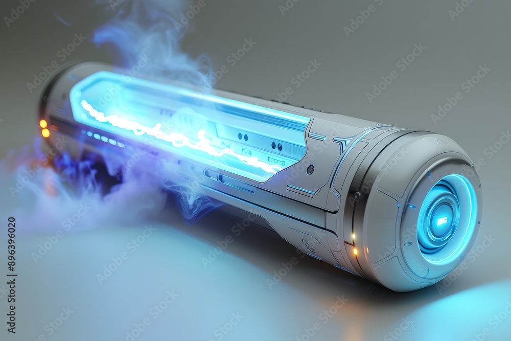 Poster futuristic blue batteries with glowing lights, representing advanced technology in energy storage an