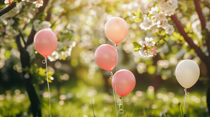 pastel-colored balloons floating among tree branches in an orchard, creating a whimsical and festive atmosphere.