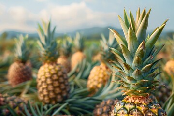 Fototapeta premium Ripe pineapples growing on a sunny plantation, with mountains in the background