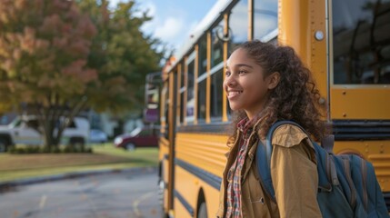 Fototapeta premium girl with bag riding a yellow school bus
