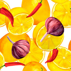 Garlic, chili pepper and lemon. Seamless pattern for prints on wallpaper, textiles, diy, scrapbooking for packaging. For kitchen and restaurant, cook and recipe book. Cottagecore and farmhouse design
