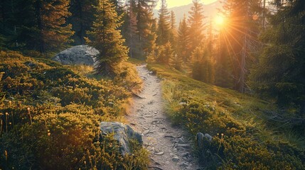 Hiking trail in an enchanted wood at sunset