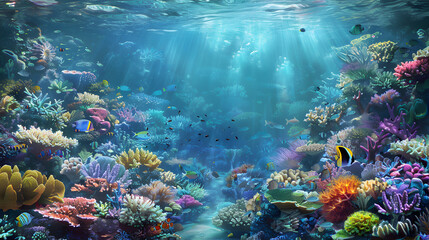 Fototapeta premium Colorful coral reef with fish in clear tropical sea