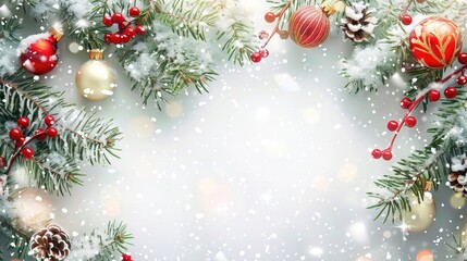 Holiday background with fir branch snow and toys on white backdrop