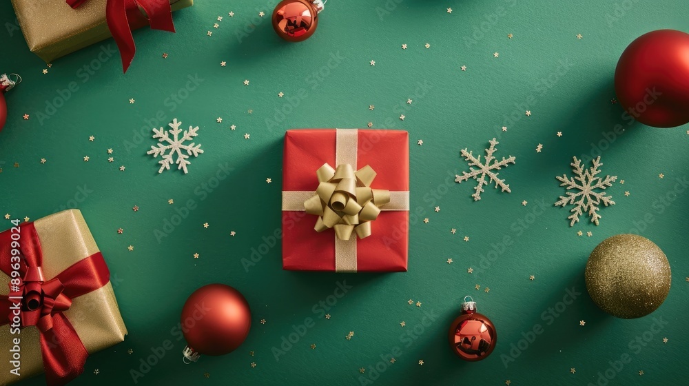 Aufkleber holiday theme overhead view of present box ornament and snowflake on green backdrop