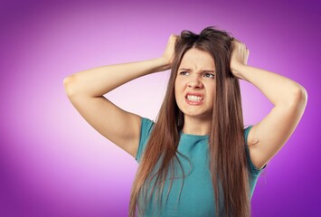 Fototapeta premium Young displeased sad person look camera