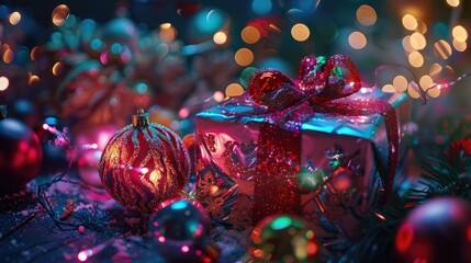 Holiday themed gift package with illuminated decorations and fashionable hues