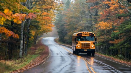 school bus on a road in the middle of the forest in autumn
