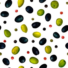 Olive black, green and peppercorn. Seamless pattern for prints on wallpaper, textiles, scrapbooking for packaging. For kitchen and restaurant design, recipe book. Cottagecore and farmhouse design