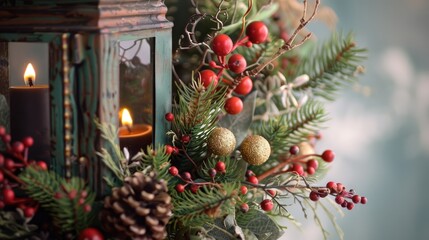 Holiday arrangement featuring vintage lantern