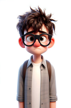 A nerdy boy cartoon character with thick, dark glasses, messy hair, and expressive, round eyes. He is ashamed and upset.