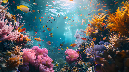 How about this: Colorful tropical coral reef underwater with various fish and soft corals in the clear blue sea