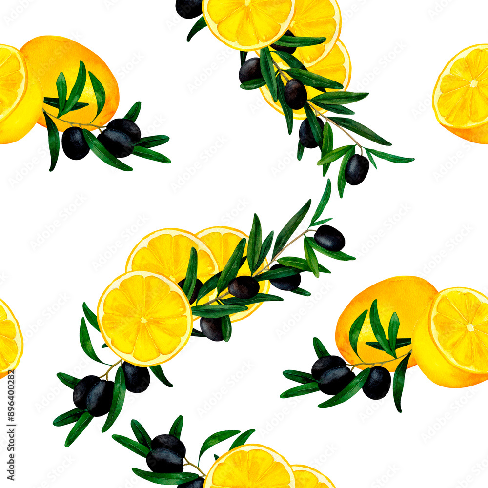 Sticker citrus yellow lemon and black olive brunch . seamless pattern for prints on wallpaper, textiles, diy