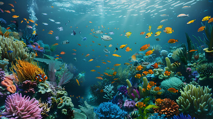 Colorful coral reef teeming with fish in the Red Sea