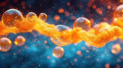 Naklejka premium Many flying yellow spheres on a blue background in 3D rendering style with dramatic lighting and shadow effects