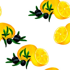 Citrus yellow lemon and black olive brunch . Seamless pattern for prints on wallpaper, textiles, diy, scrapbooking for packaging. For kitchen and restaurant decor, cook and recipe book