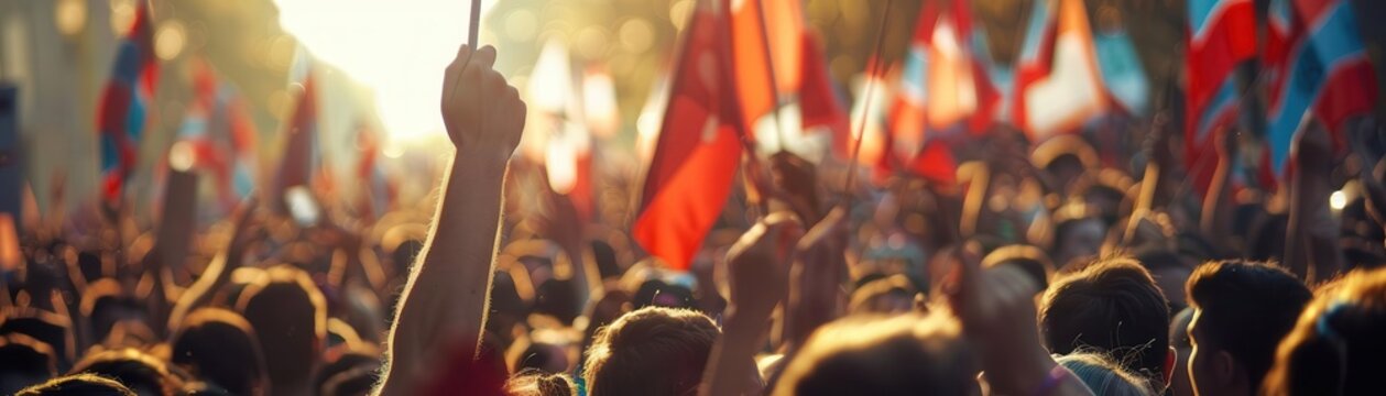 Crowded political rally with supporters waving flags.
