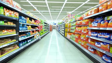 An empty grocery store aisle with fully stocked shelves. Sunlight streams through the windows, illuminating the aisle