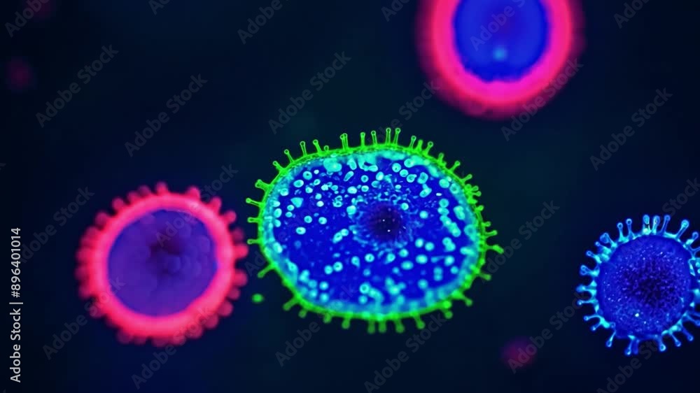 Leinwandbilder fluorescently stained viruses, captured under a microscope. the image shows multiple viruses in vari