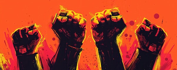Illustration of fists raised for justice, orange background.