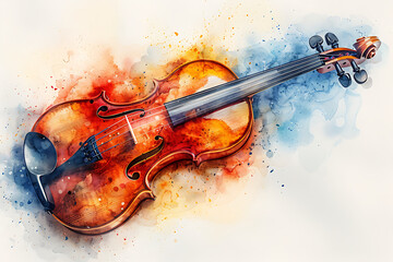 Fototapeta premium Violin colorful on watercolor painting Abstract background.ai illustration
