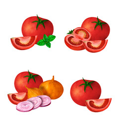 Red tomato, onion and basil, watercolor illustration, isolated on white background. For prints on textile and paper, plates and dishes design, kitchen decoration, restaurant menus, recipes, cookbook